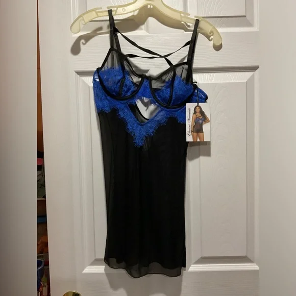 Sexy lingerie blue lace & sheer black negligee/chemise underwire bra - Picture 2 of 7